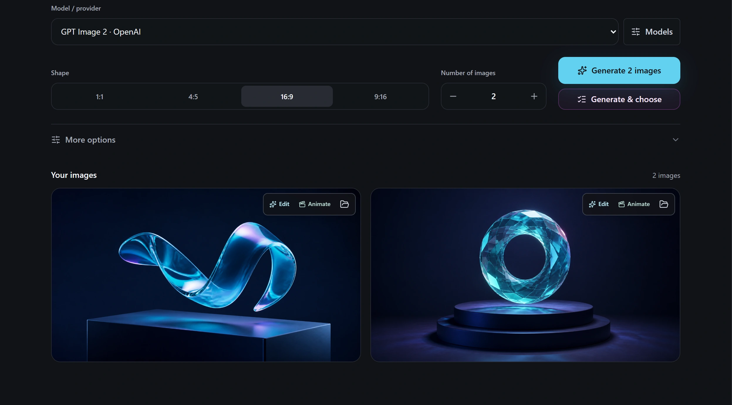 Machdoch Media Studio showing two generated cyan glass image variations and generation controls