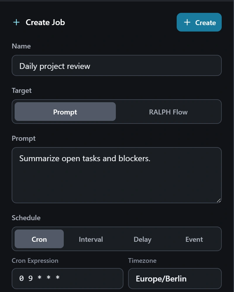 Machdoch Smart Scheduler create job form showing a daily project review prompt and cron schedule