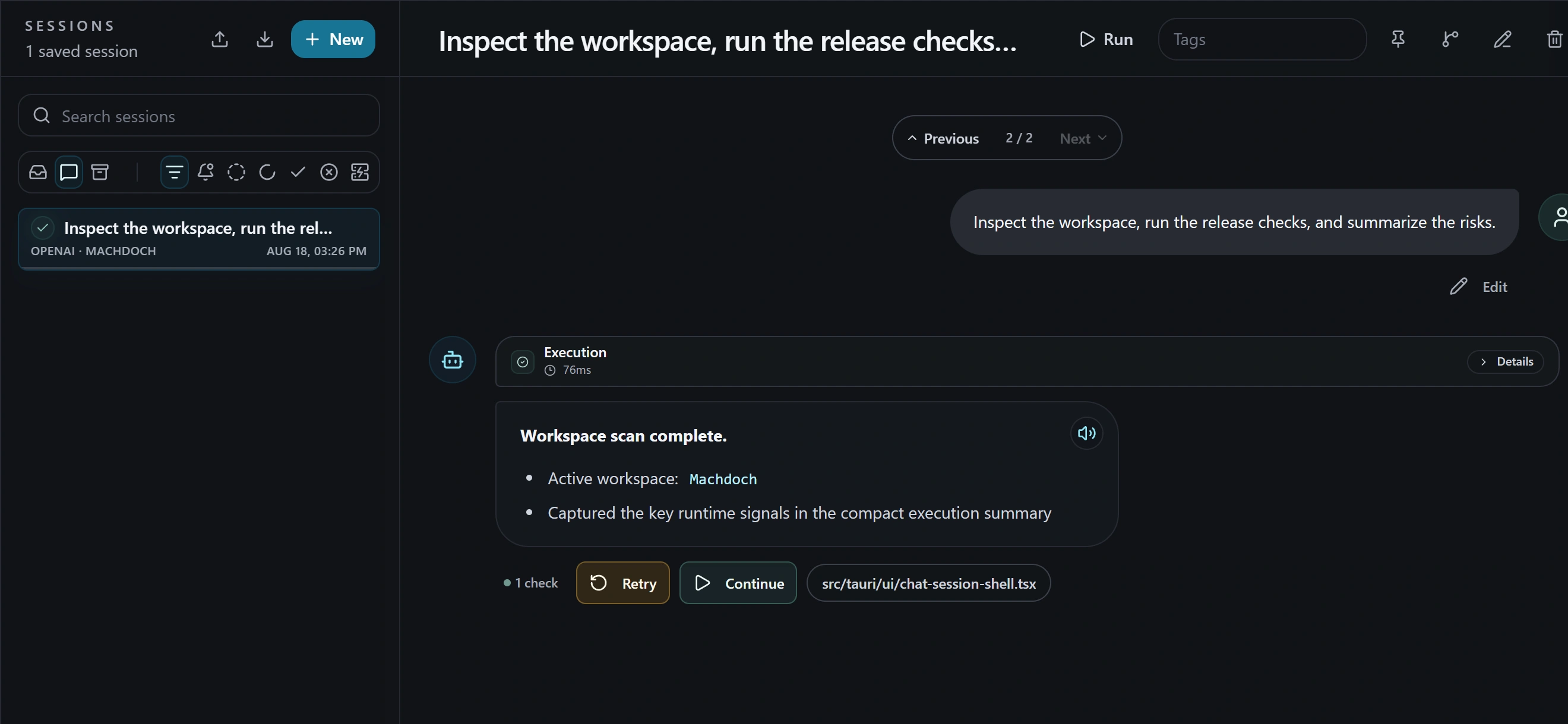 Machdoch task session showing a completed workspace scan, verification check, and related file