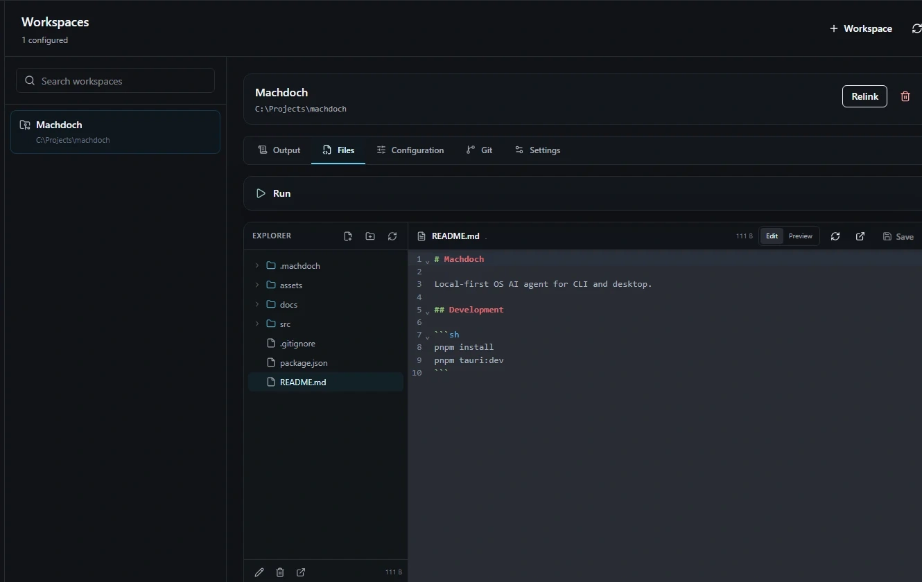 Machdoch workspace tools showing a workspace, file explorer, README editor, and PowerShell terminal